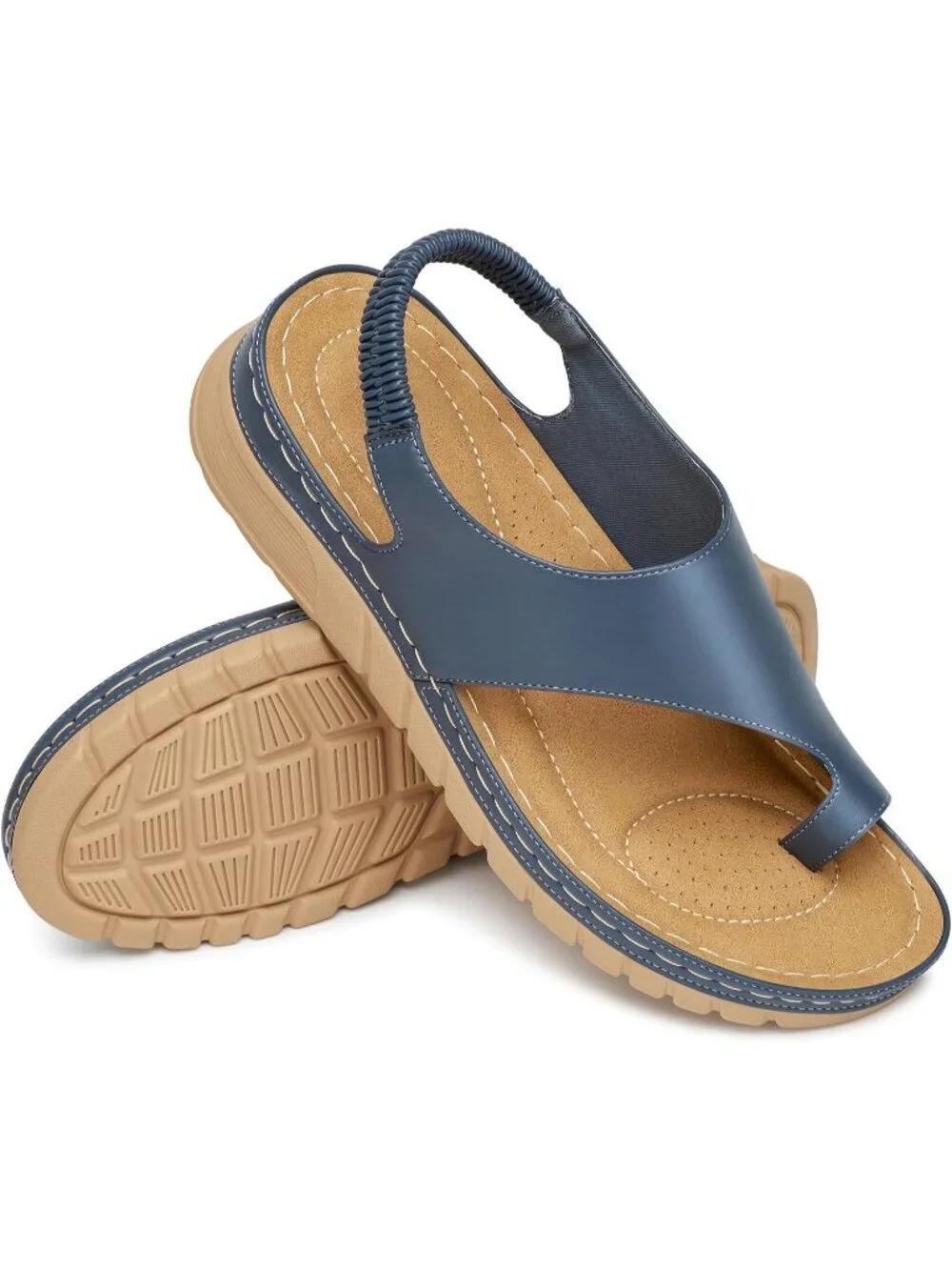 Women's Blue Cushioned Soft PU Leather Lightweight Comfortable Wedge Sandal